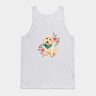 Cute Gold Labradoodle Puppy Dog with Flowers Watercolor Art Tank Top